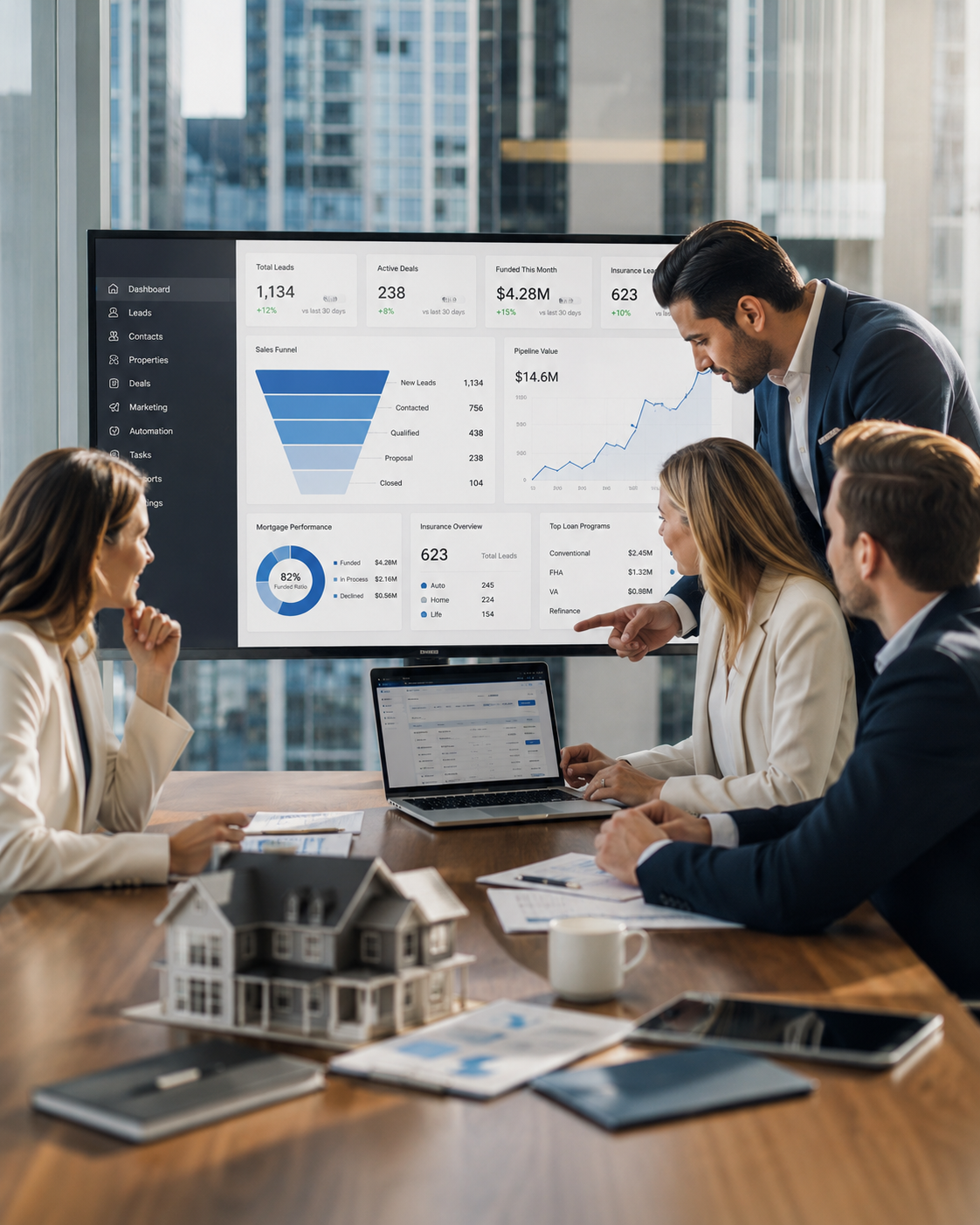 Team reviewing CRM dashboard and pipeline metrics